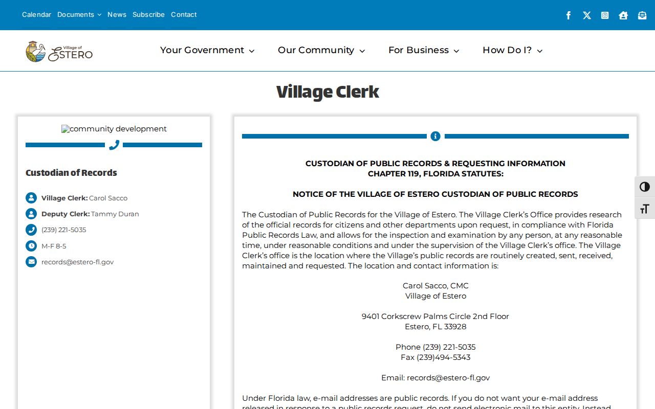 Village of Estero public records page for municipal resident records