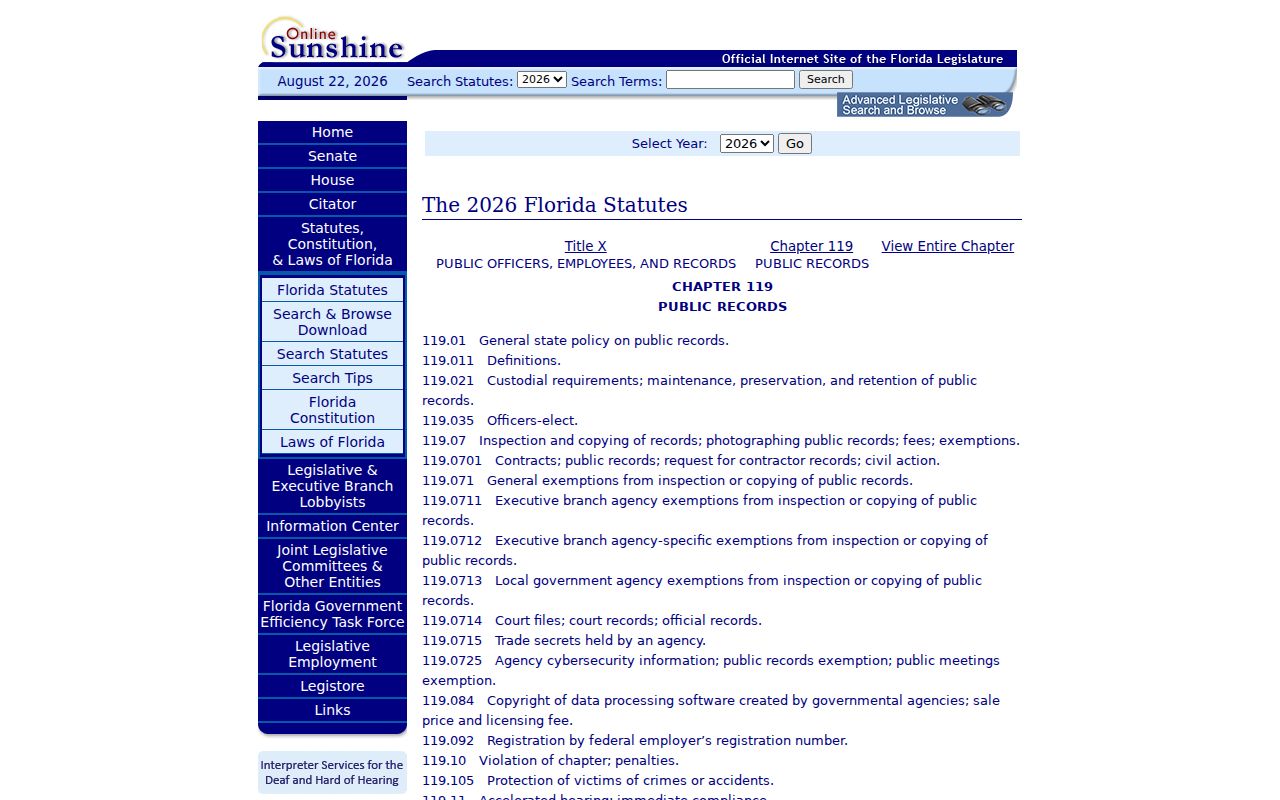 Florida Public Records Law chapter 119 page used for Estero records requests