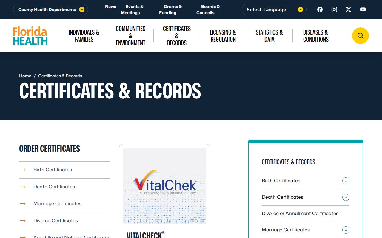Florida vital records page for Estero birth death marriage and divorce certificates