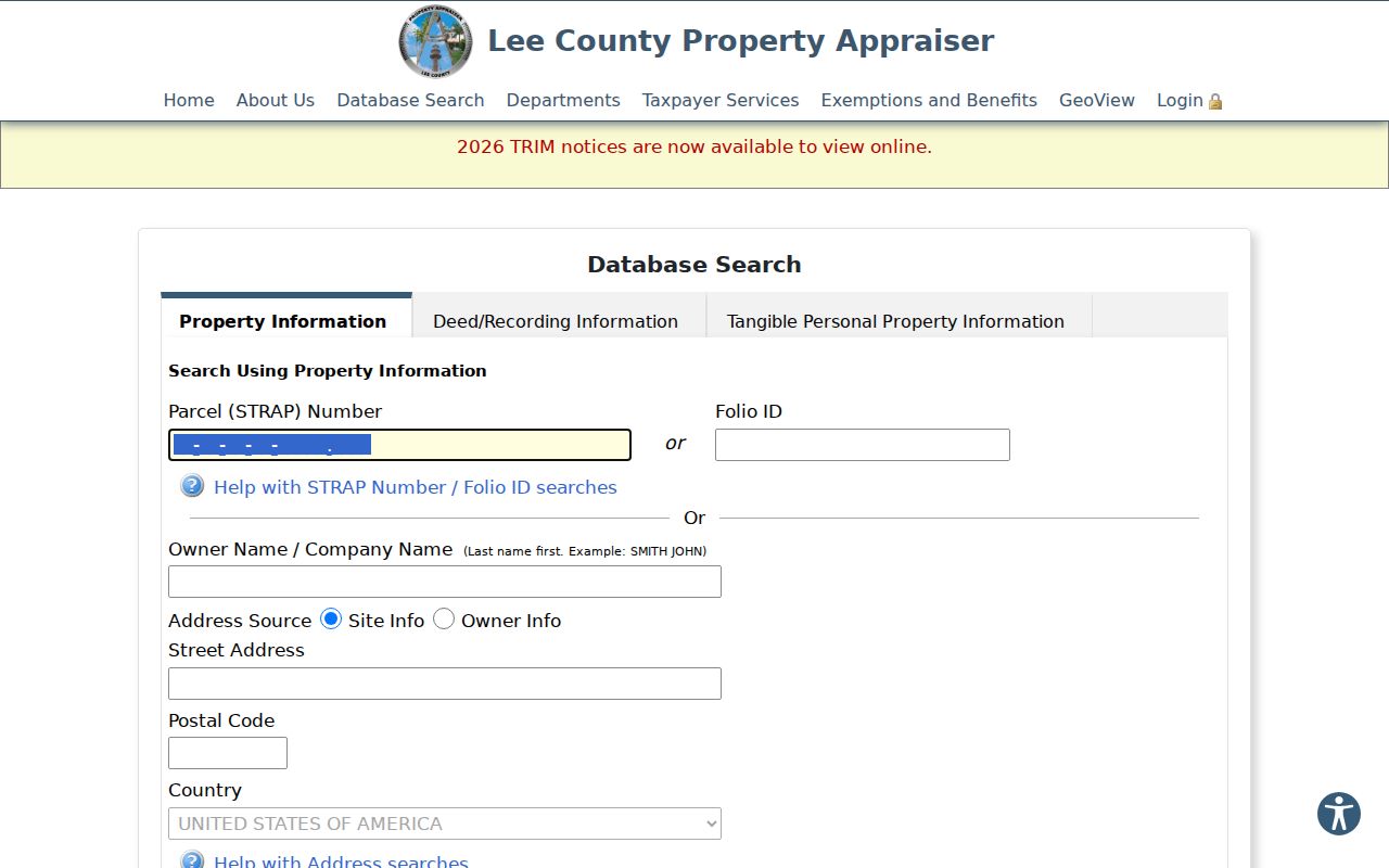 Lee County Property Appraiser search used by the Estero residents directory