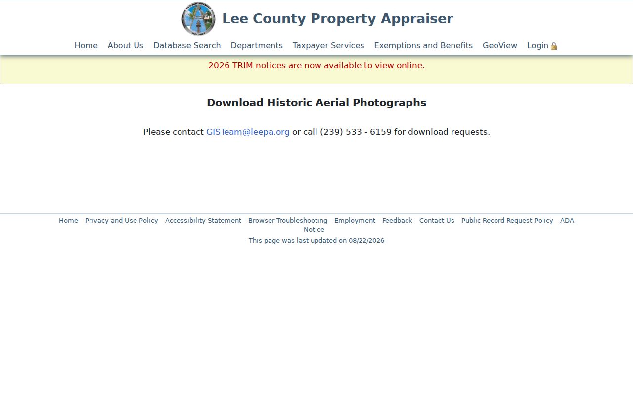 Lee Property Appraiser historic aerial request page for Estero address research