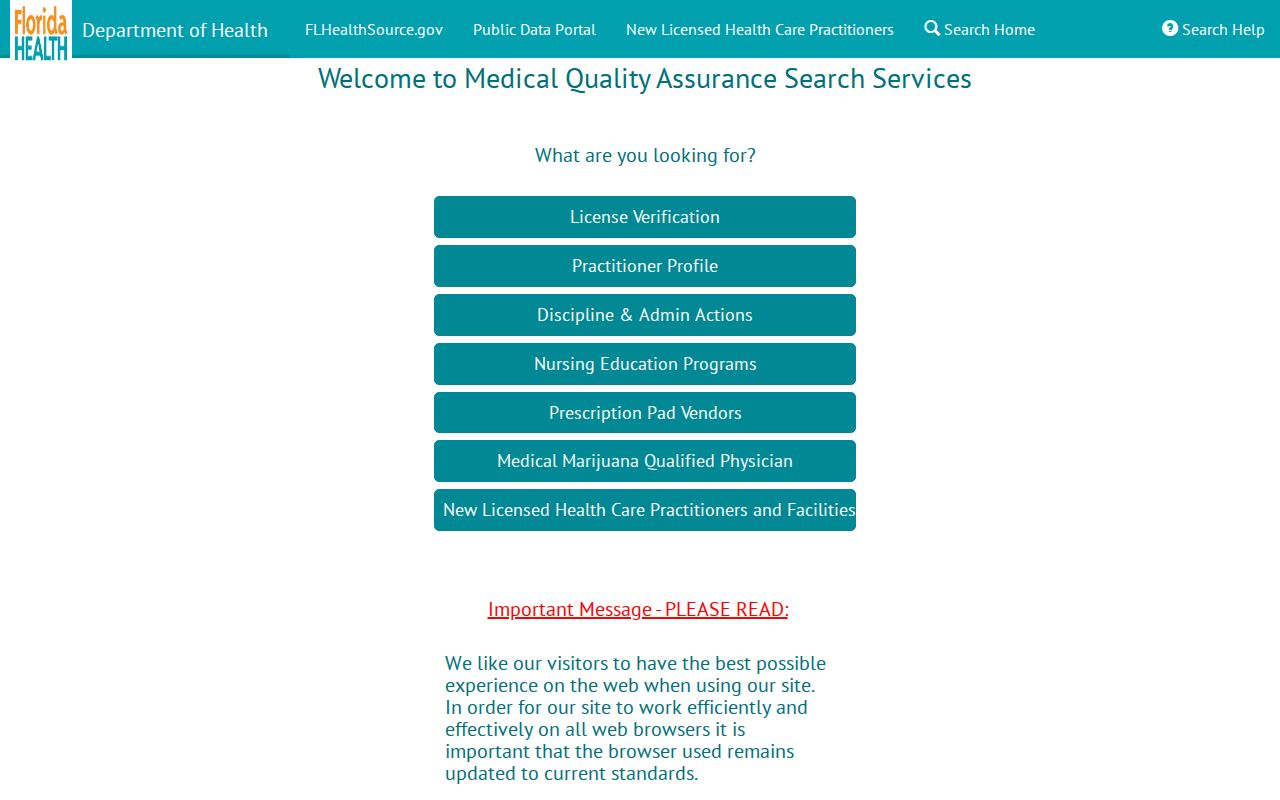 Florida MQA professional license search for an Estero name