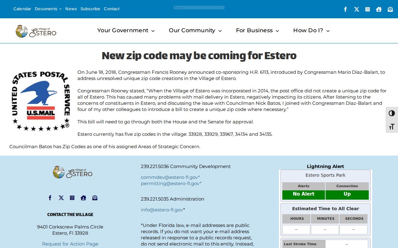 Village of Estero notice about five ZIP codes crossing its boundary