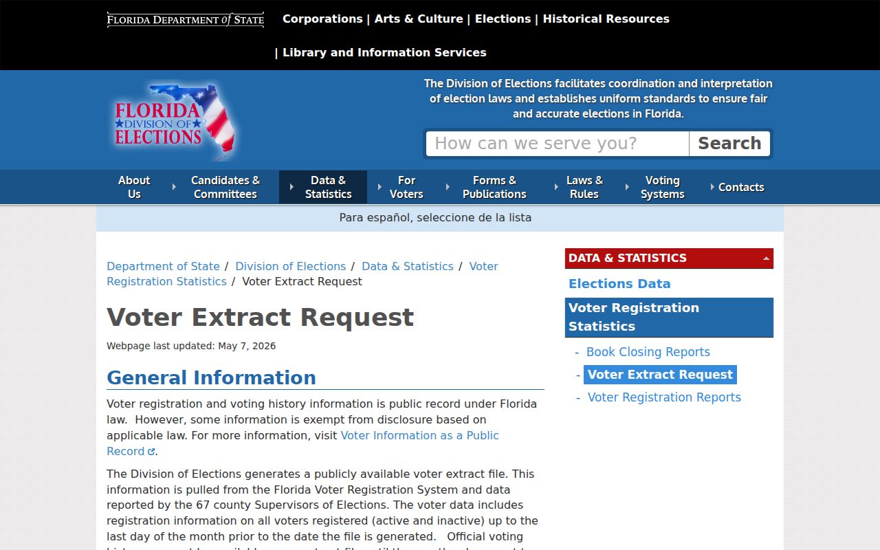 Florida voter extract request page for ZIP-based Estero data