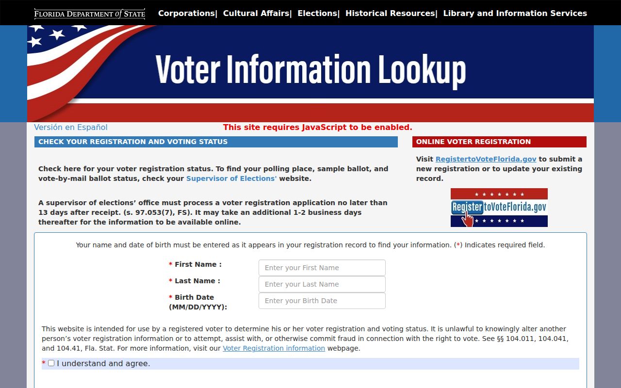 Florida voter status form requiring identity details rather than ZIP browsing